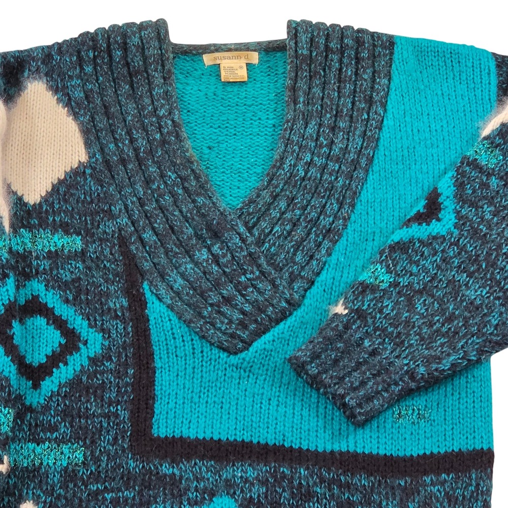 VTG Susann D Teal Black White Geometric Diamond‎ Chunky Knit Sweater Medium